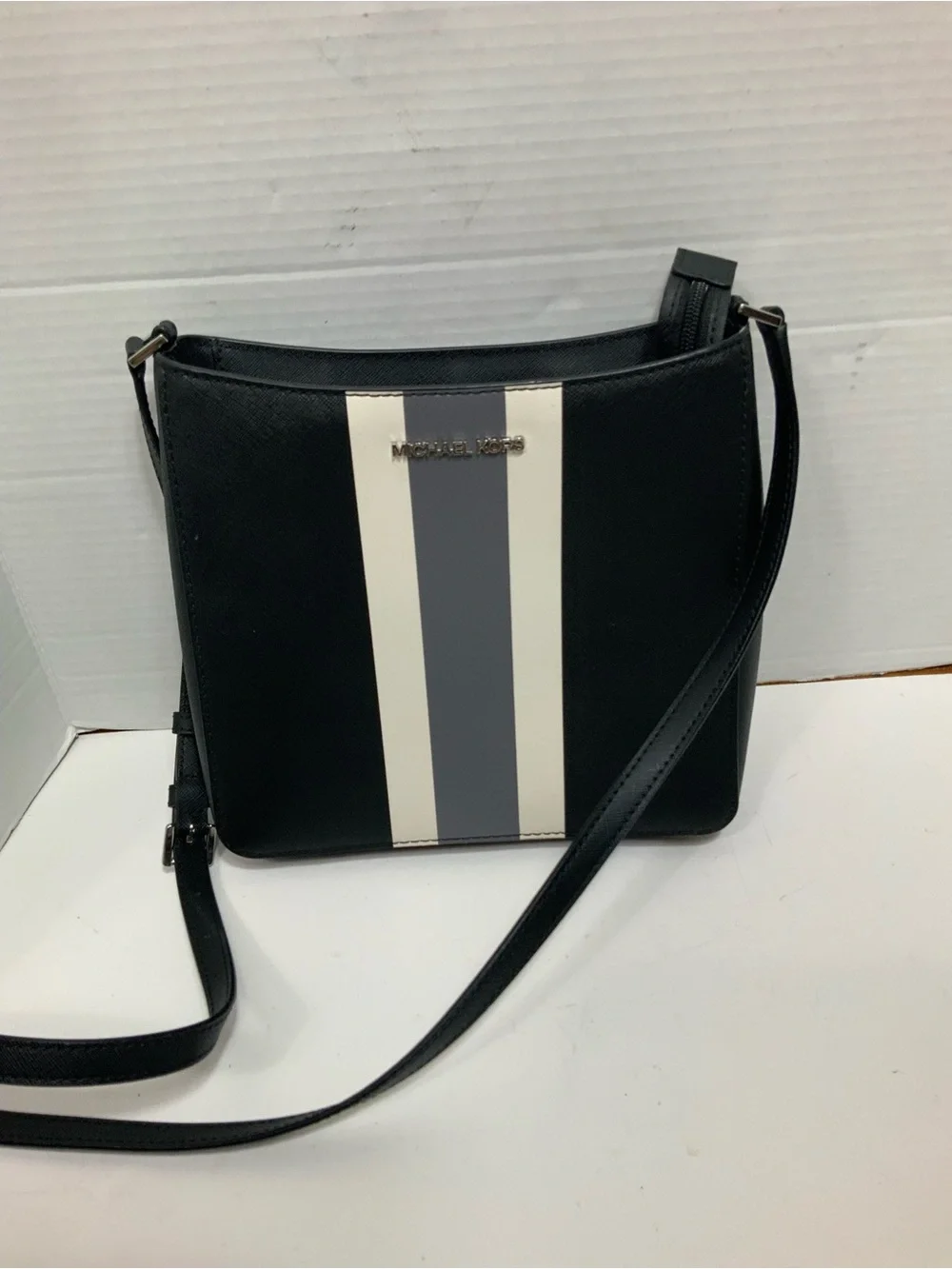 Michael Kors Women Black Saffiano Leather Center Stripe Crossbody Bag Purse